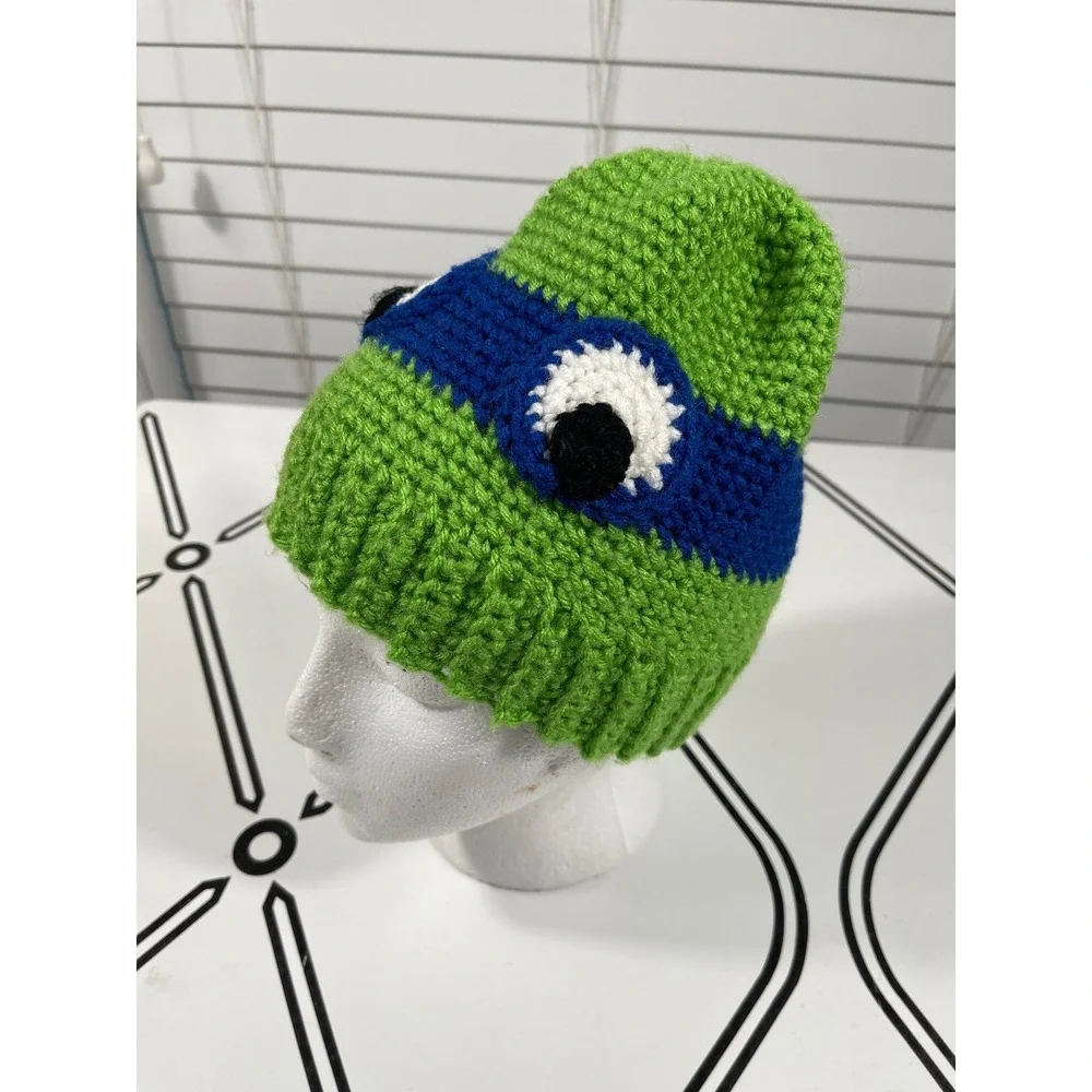 Kids Handmade Crochet Ninja Turtle Beanie‎ Hat Green Blue Eye Mask Cozy Winter